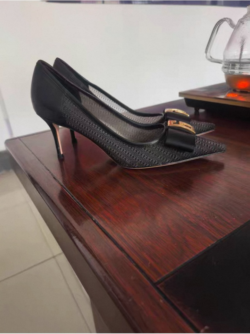 Pointed Toe Black Kitten Heel Pumps with Gold Accent